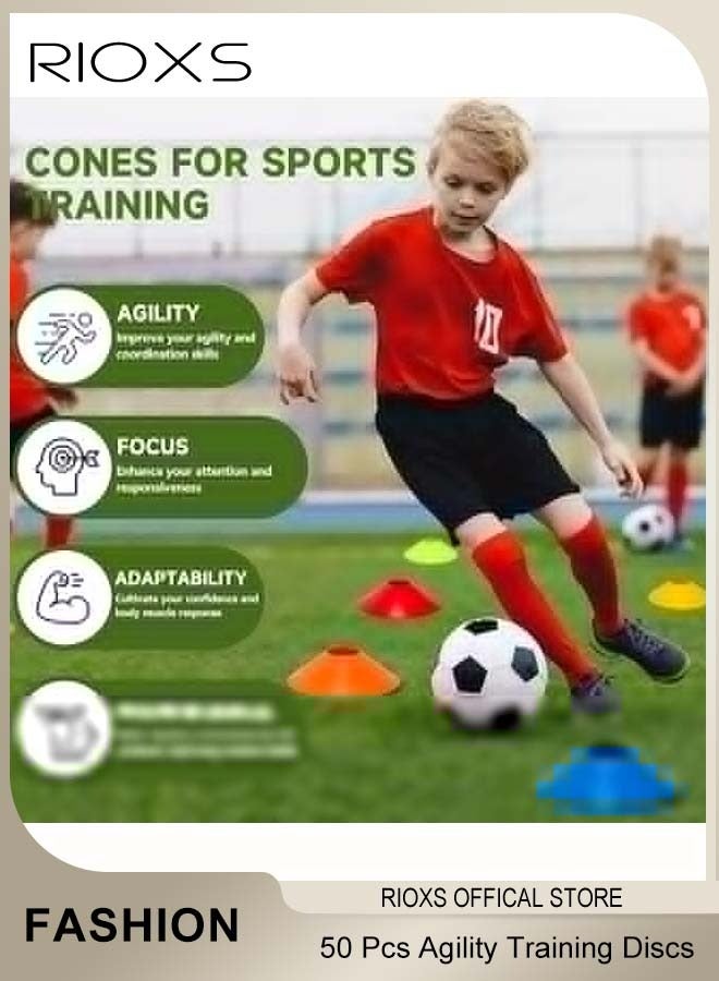 RIOXS 50 Pcs Football Thickened Marking Discs Agility Training Discs Football Training Equipment with Shelf and Storage Bag for Football and Basketball Stadium Conical Markers - Image 3