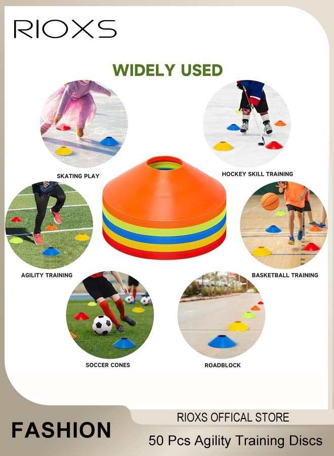 RIOXS 50 Pcs Football Thickened Marking Discs Agility Training Discs Football Training Equipment with Shelf and Storage Bag for Football and Basketball Stadium Conical Markers - Image 4