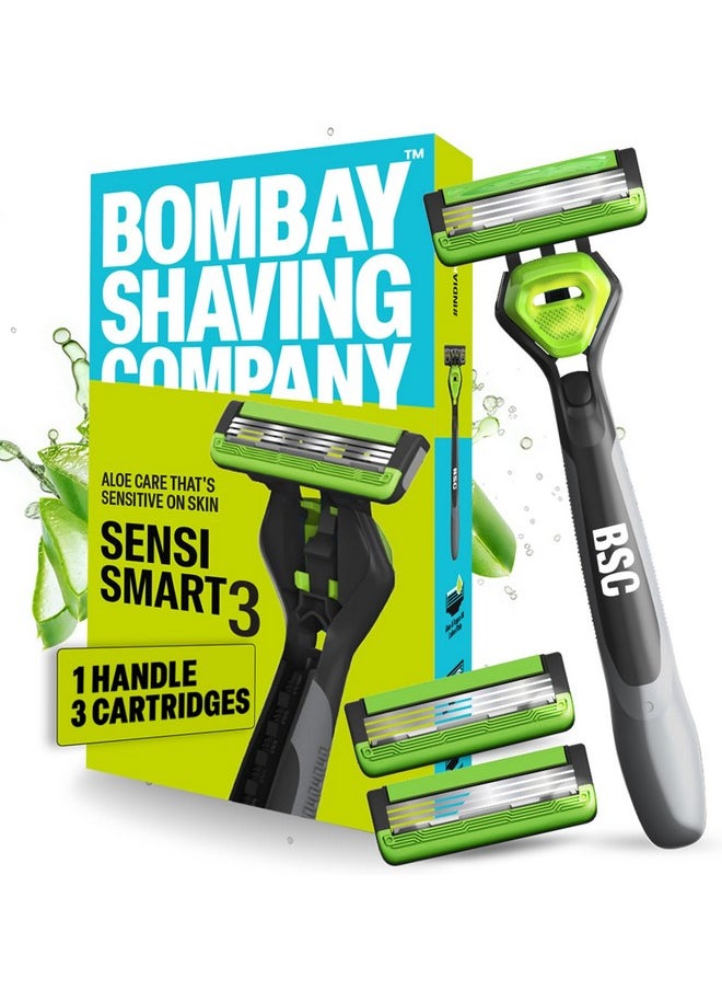 BOMBAY SHAVING COMPANY Sensi Smart 3 Value Pack (Handle + 3 Cartridges) | Shaving Razor For Men | Aloe Gel And Argan Oil Lubra Strip With Pivot Head  - Image 1
