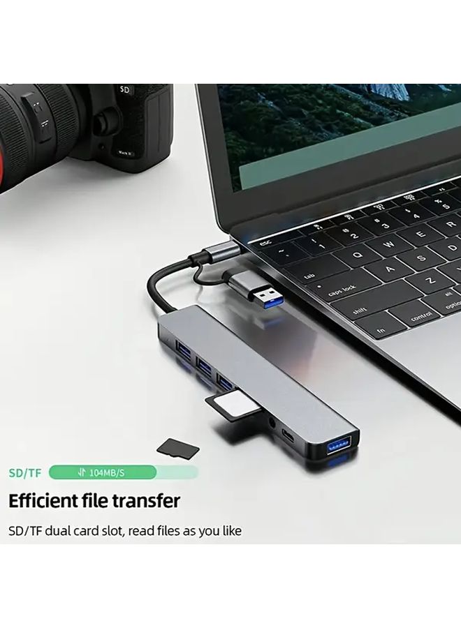 1pc 8 In 1 Multifunctional USB Hub Expander Aluminum USB C Hub With TF SD Card Reader 3 5mm Audio Output For Macbook Pro Ipad Pro HP 4 Port USB Data Transfer - Image 2