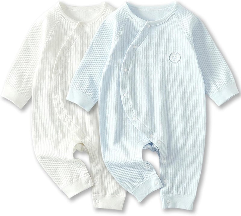 ZONEY Newborn Baby Boy Girl Organic Cotton Bodysuit Long Sleeve Jumpsuit 2-Pack (White & Blue, 9-12 Months) - Image 1