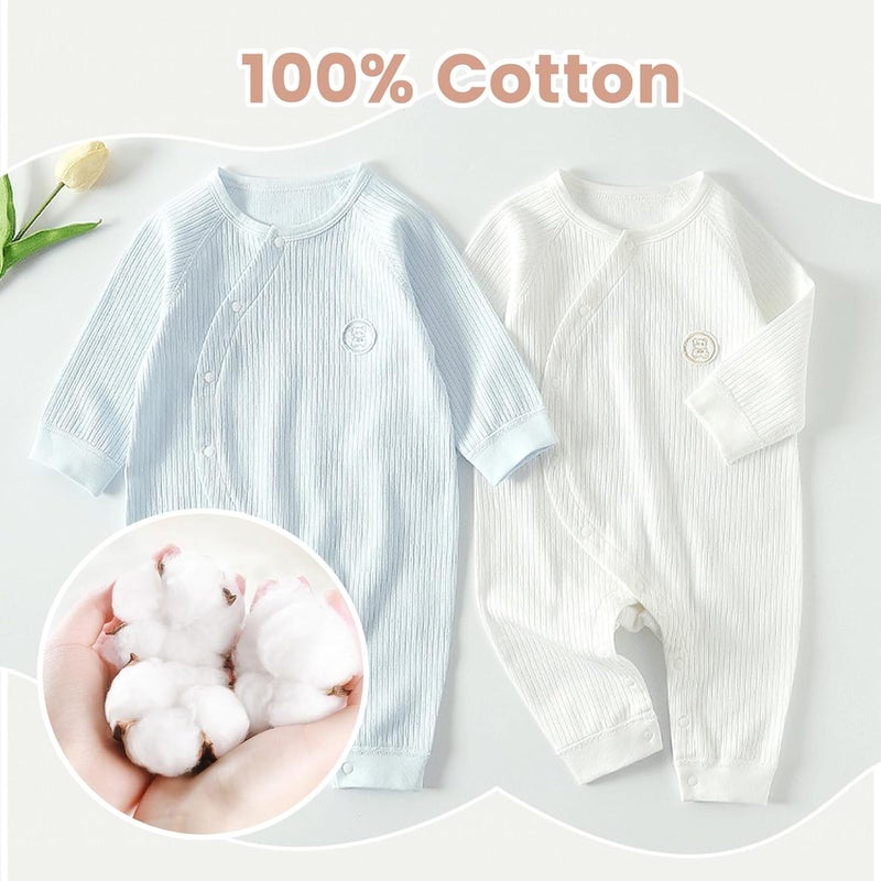 ZONEY Newborn Baby Boy Girl Organic Cotton Bodysuit Long Sleeve Jumpsuit 2-Pack (White & Blue, 9-12 Months) - Image 2
