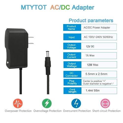 MTYTOT 12 Volt Power Supply 1A Universal AC/DC Adapter, 100-240 50/60Hz AC to DC 12V 1Amp Transformer, DC 12V 12W Power Adapter Cord, 5.5mm x /2.1mm2.5mm Plug - Image 3