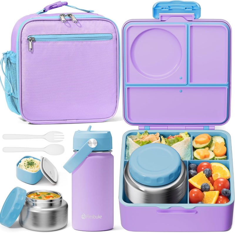 Fimibuke Kids Bento Lunch Box, Leakproof Toddler Bento Box with 8.5 OZ Insulated Food Jar, Lunch Bag, Kids Water Bottle, 3 or 4 Compartment Container for Back to School Toddler Girls Boys - Image 1