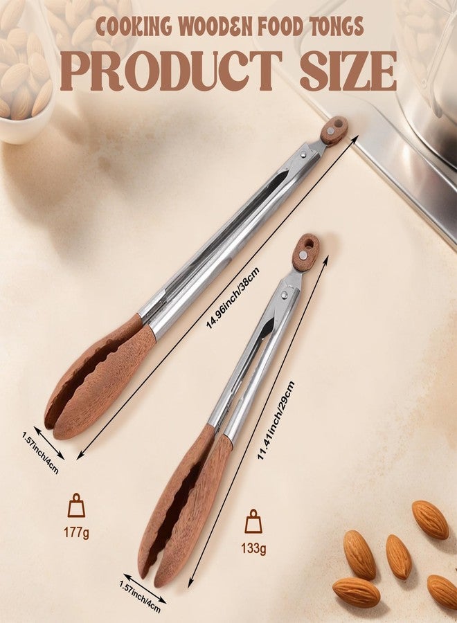 Xanadued 2 Pack Walnut Wooden Tongs for Cooking, 12 & 9 Inch Wood Salad Tongs for Serving, Stainless Steel Kitchen Utensils - Image 2