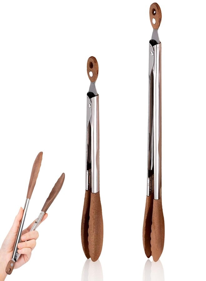 Xanadued 2 Pack Walnut Wooden Tongs for Cooking, 12 & 9 Inch Wood Salad Tongs for Serving, Stainless Steel Kitchen Utensils - Image 1