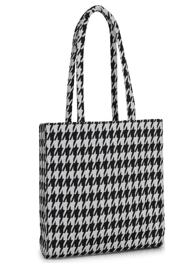 creeper Houndstooth Tote Bag for Women, Black & White Pattern, Large Capacity Multi-Pocket Shoulder Handbag with Carry Handles, Open Compartment Design - Image 1