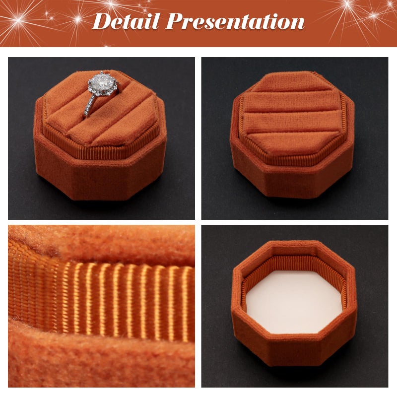 Gvhntk Velvet 3 Slots Jewelry Ring Box Vintage Octagon Ring Display Holder Gift Premium Gorgeous Case with Detachable Lid for Wedding Engagement Proposal Keepsake Ceremony (Burnt Orange) - Image 5