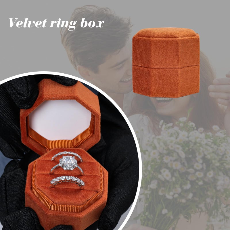 Gvhntk Velvet 3 Slots Jewelry Ring Box Vintage Octagon Ring Display Holder Gift Premium Gorgeous Case with Detachable Lid for Wedding Engagement Proposal Keepsake Ceremony (Burnt Orange) - Image 2