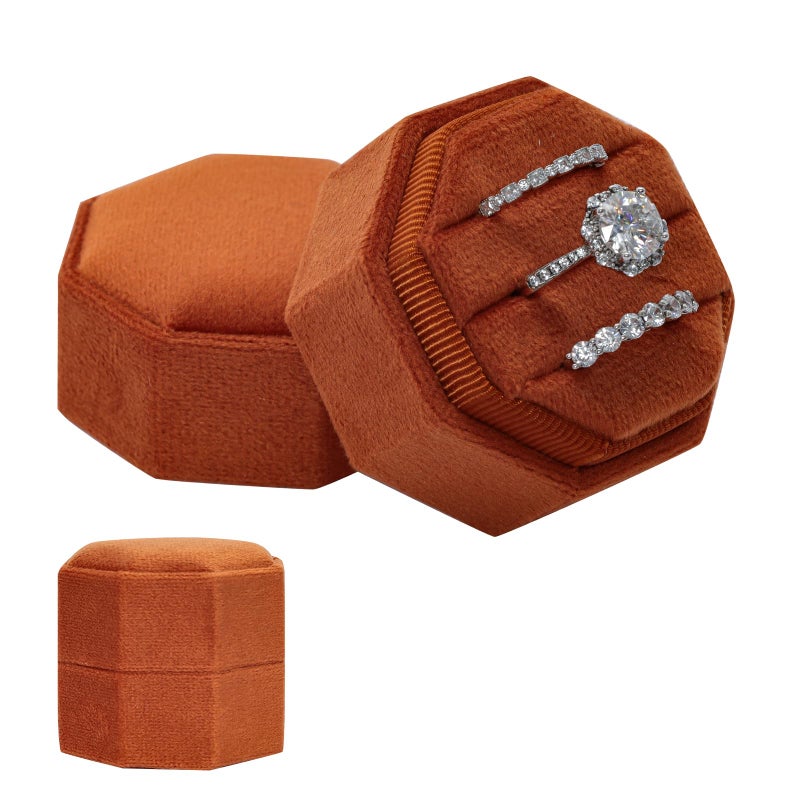 Gvhntk Velvet 3 Slots Jewelry Ring Box Vintage Octagon Ring Display Holder Gift Premium Gorgeous Case with Detachable Lid for Wedding Engagement Proposal Keepsake Ceremony (Burnt Orange) - Image 1