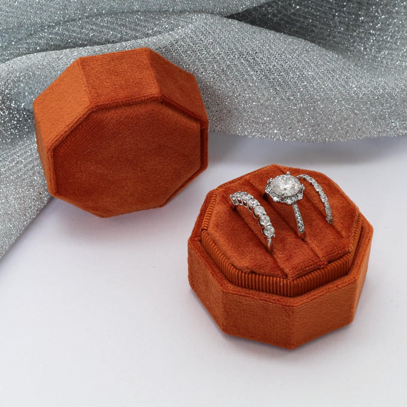 Gvhntk Velvet 3 Slots Jewelry Ring Box Vintage Octagon Ring Display Holder Gift Premium Gorgeous Case with Detachable Lid for Wedding Engagement Proposal Keepsake Ceremony (Burnt Orange) - Image 3