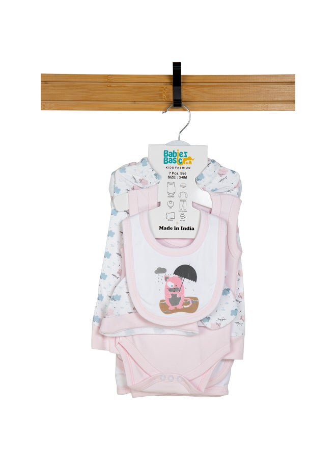 Babies Basic 7 Piece Unisex 100% Cotton Gift Set Include Bib, Blanket, Mitten, Cap, Romper, Top And Bottom Set, Pink  - Image 1