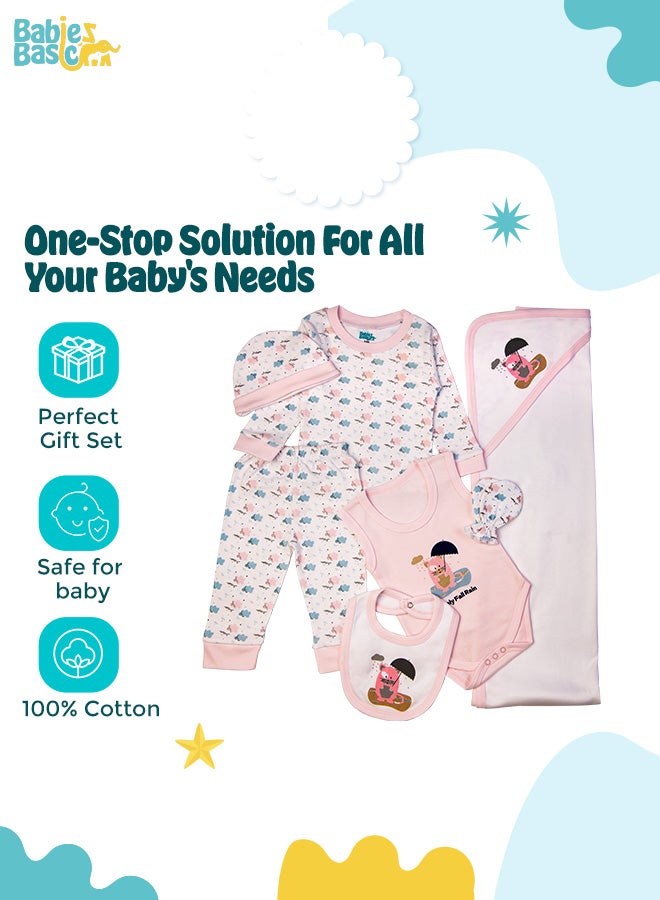 Babies Basic 7 Piece Unisex 100% Cotton Gift Set Include Bib, Blanket, Mitten, Cap, Romper, Top And Bottom Set, Pink  - Image 2