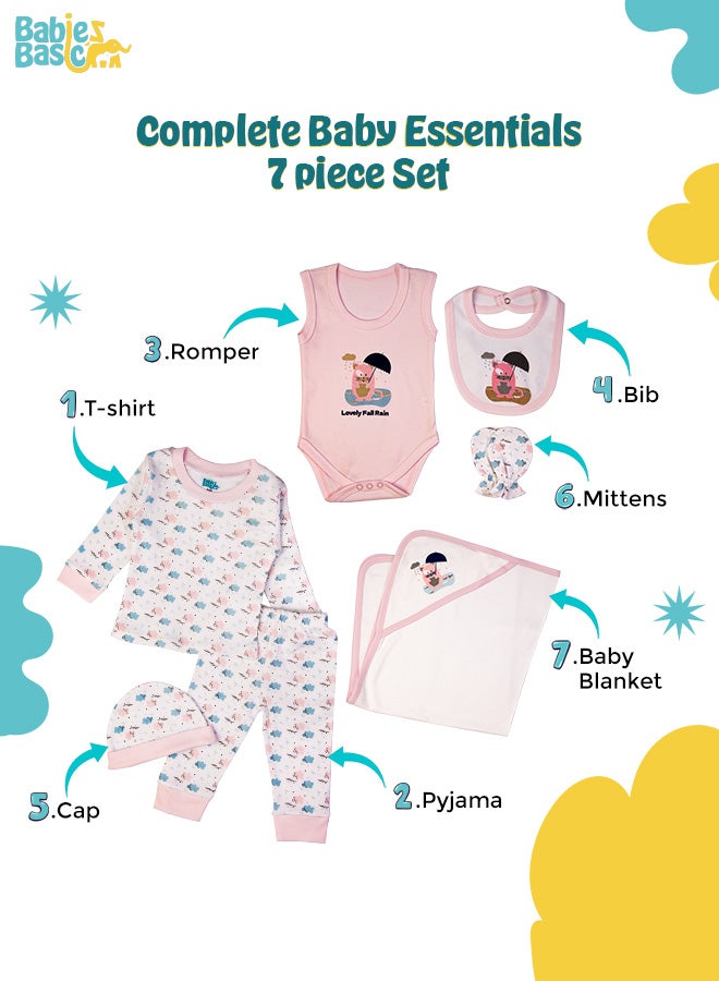 Babies Basic 7 Piece Unisex 100% Cotton Gift Set Include Bib, Blanket, Mitten, Cap, Romper, Top And Bottom Set, Pink  - Image 3