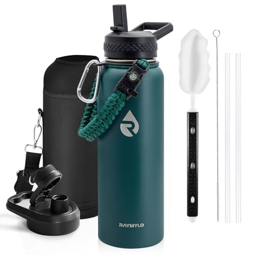 RAYMYLO Insulated Water Bottle 40 oz, Triple Wall Vacuum Stainless Steel (Cold for 48 Hrs), Leak Proof & Non-BPA, Modern Water Flask Jug with Paracord Handle & Straw Spout Lids, Dark Green - Image 1