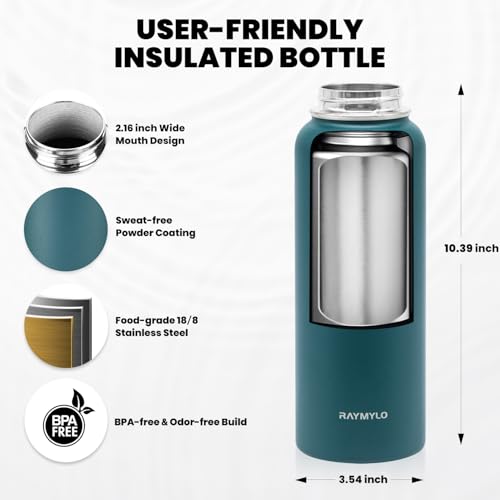 RAYMYLO Insulated Water Bottle 40 oz, Triple Wall Vacuum Stainless Steel (Cold for 48 Hrs), Leak Proof & Non-BPA, Modern Water Flask Jug with Paracord Handle & Straw Spout Lids, Dark Green - Image 5
