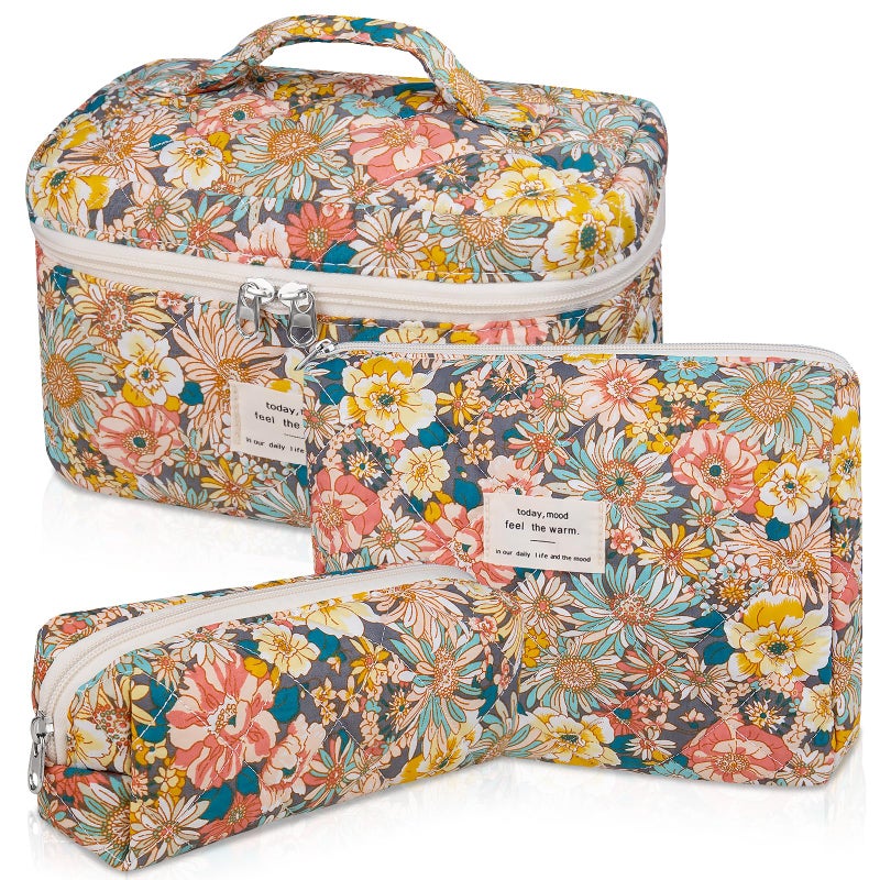 Gosect Makeup Bag Set Quilted Makeup Bag Large Floral Cosmetic Bag for Women Cute Cotton Makeup Bags Flower Travel Toiletry Organizer Bag South Twigs Flower - Image 2