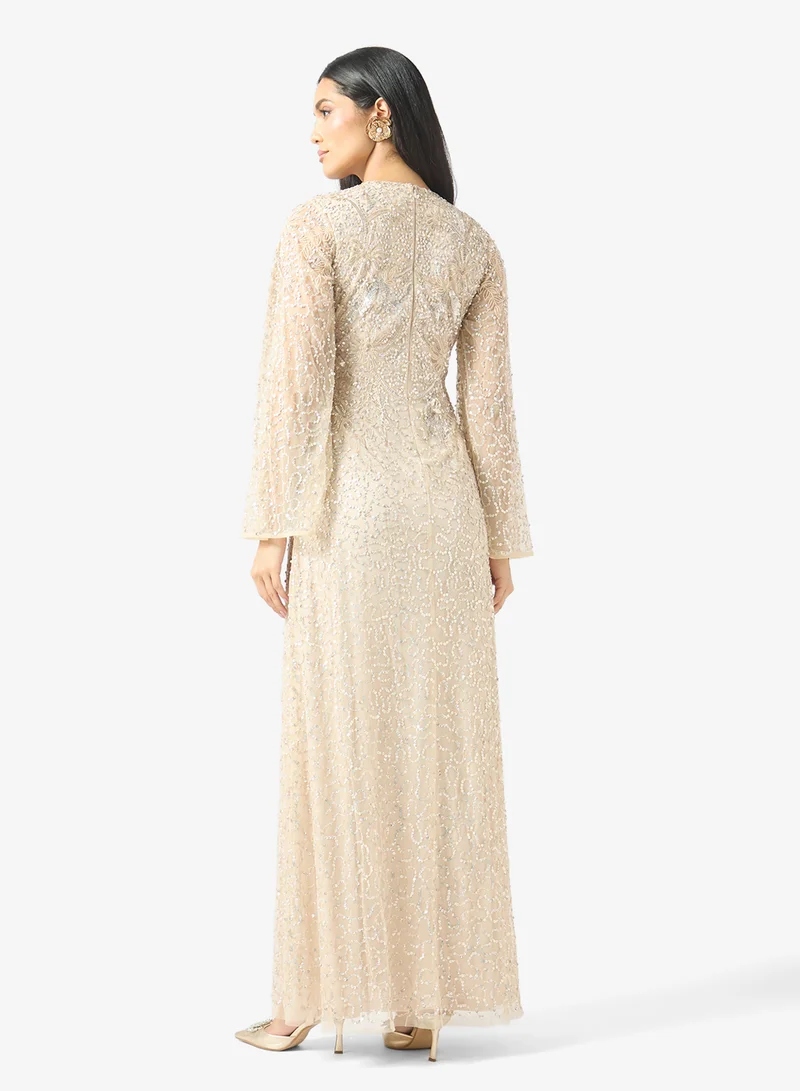 نمشي x Embellished Evening Gown With Flared Sleeves