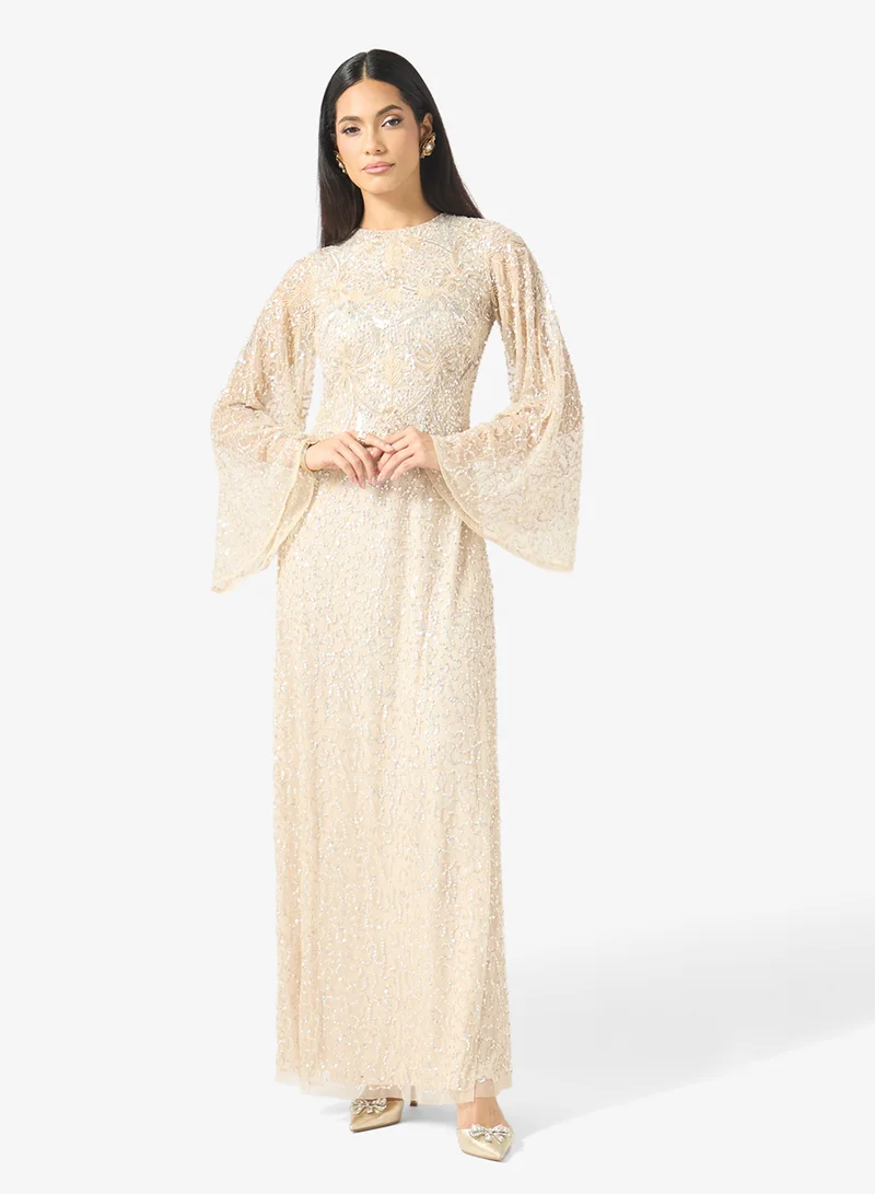 نمشي x Embellished Evening Gown With Flared Sleeves