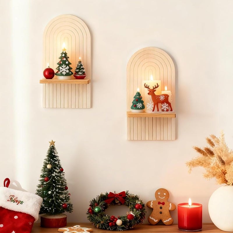 Walasis Boho Wall Candle Holder Decor: Mid Century Candle Sconces Set of 2 for Plants Pillar Candles - White Wood Modern Minimalist Arch Bohemian Art Decor Beside Fireplace TV - Image 2