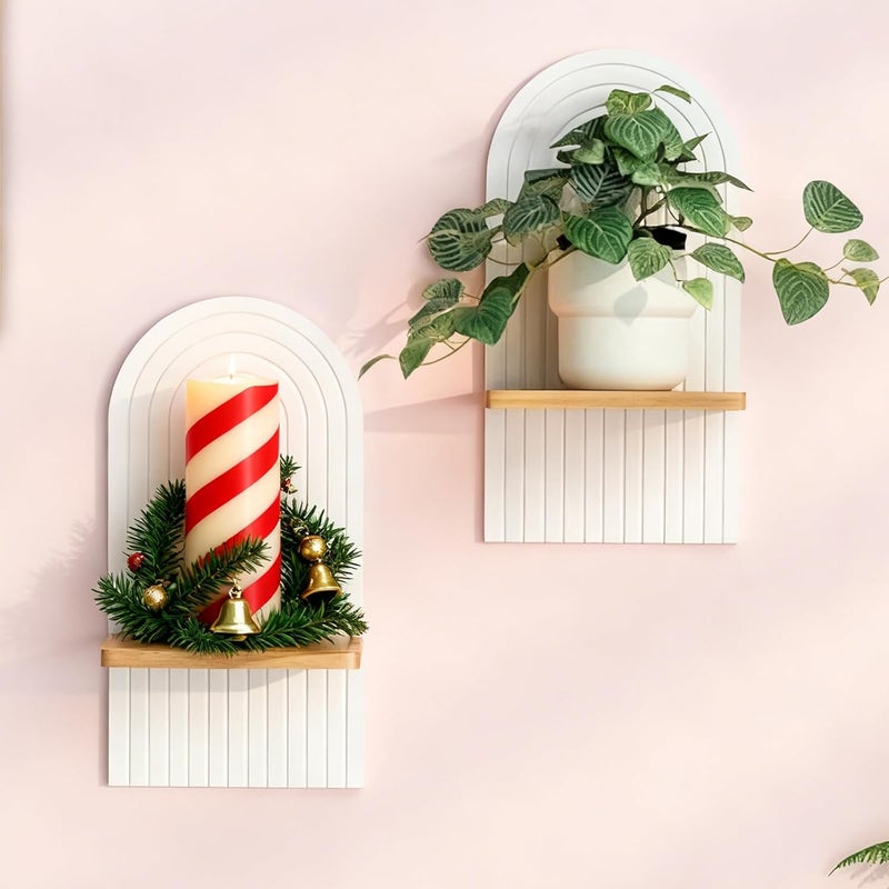 Walasis Boho Wall Candle Holder Decor: Mid Century Candle Sconces Set of 2 for Plants Pillar Candles - White Wood Modern Minimalist Arch Bohemian Art Decor Beside Fireplace TV - Image 1