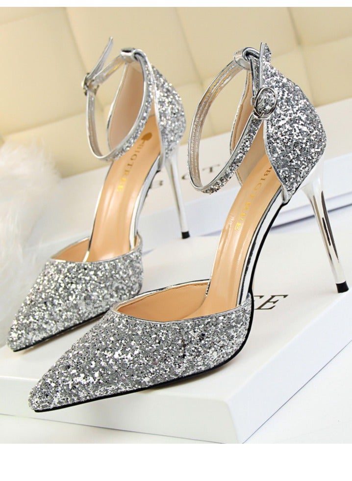 BIGTREE Women's Sequin Closed Pointed Toe 9.5 CM High Heels Ankle Strap Stiletto Pumps Silver - Image 1