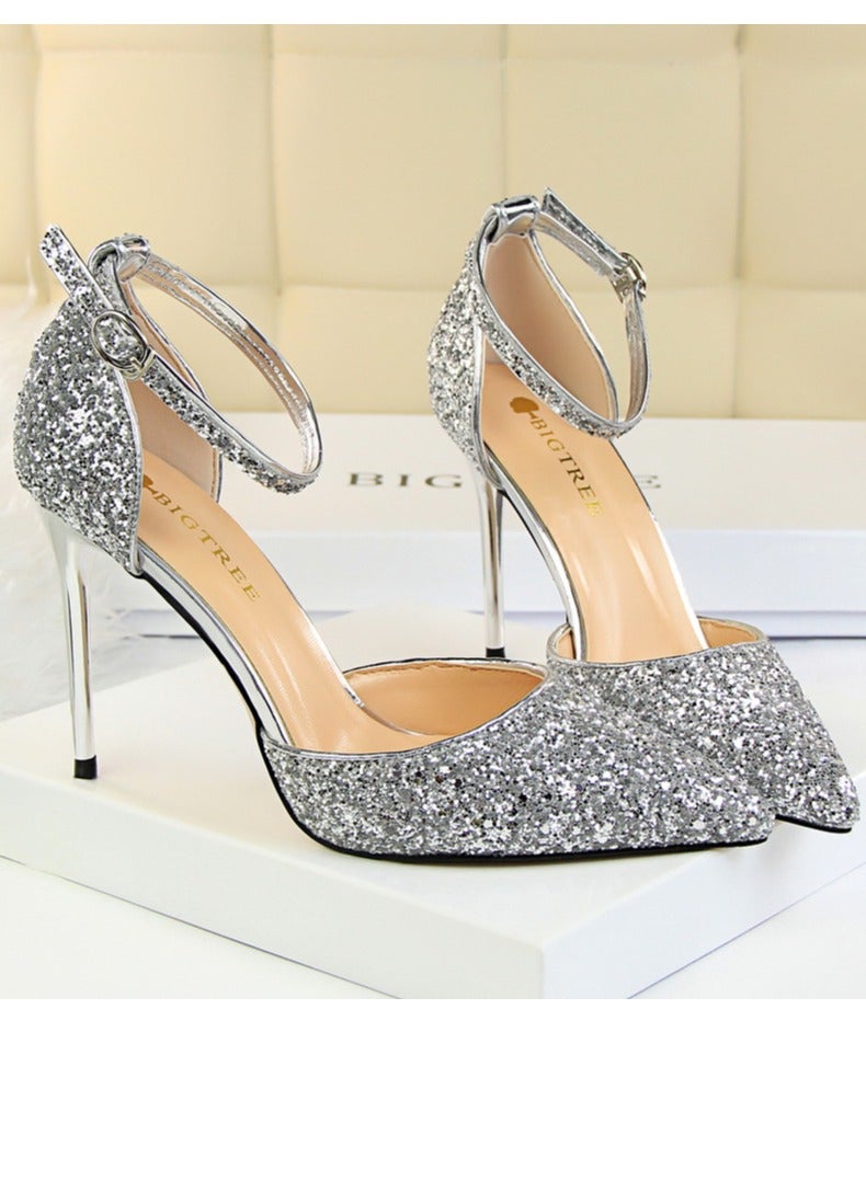 BIGTREE Women's Sequin Closed Pointed Toe 9.5 CM High Heels Ankle Strap Stiletto Pumps Silver - Image 2