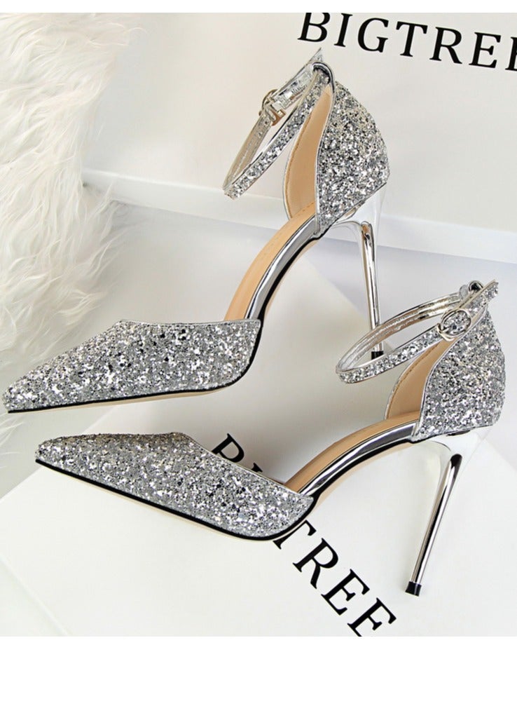 BIGTREE Women's Sequin Closed Pointed Toe 9.5 CM High Heels Ankle Strap Stiletto Pumps Silver - Image 3