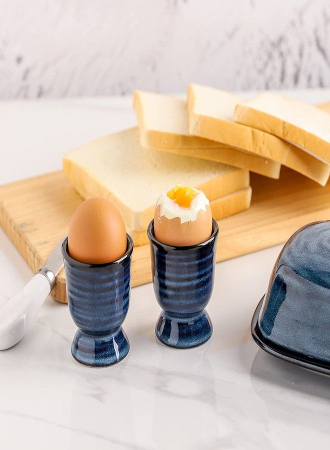 Hasense Ceramic Eggs Cups for Soft Boiled Eggs, Porcelain Egg Stand Holders for Hard Boiled Eggs for Breakfast Kitchen Decorative, Set of 2, Blue - Image 3