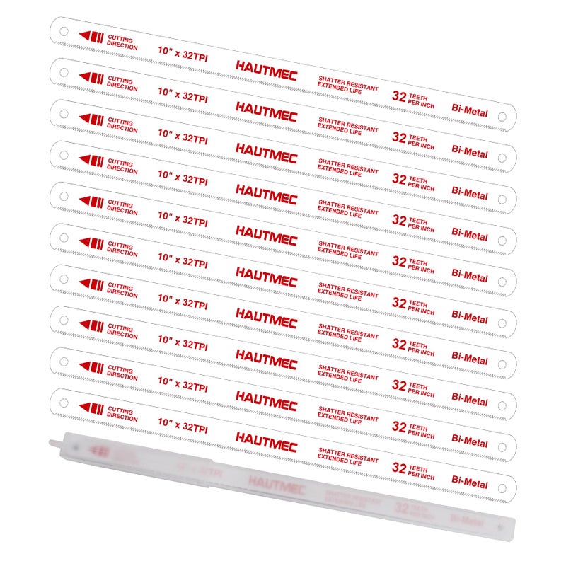 HAUTMEC 10" Hacksaw Blades 32 TPI â€“ 10 Pack Bi-Metal Replacement Blades with High-Speed Steel Teeth and Spring Steel Body, Professional Grade, Fits Most Hacksaw Frames - Image 1