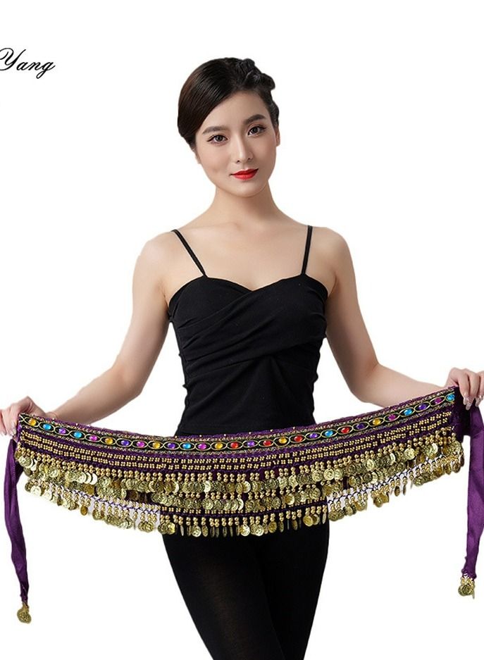 Loquat Coins Pendant Diamond Waist Chain Skirt Belly Dance Tassel Waist Wrap Belt Skirts Party Rave Costume Purple