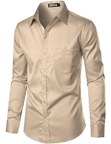 ZEROYAA Men's Urban Stylish Casual Business Slim Fit Long Sleeve Button Up Dress Shirt with Pocket ZLCL29 Khaki Large - Image 2