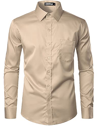 ZEROYAA Men's Urban Stylish Casual Business Slim Fit Long Sleeve Button Up Dress Shirt with Pocket ZLCL29 Khaki Large - Image 4
