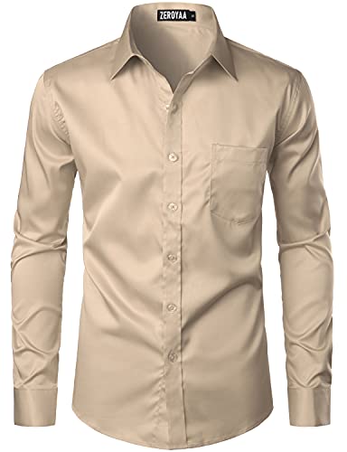 ZEROYAA Men's Urban Stylish Casual Business Slim Fit Long Sleeve Button Up Dress Shirt with Pocket ZLCL29 Khaki Large - Image 1