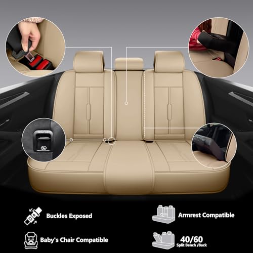 NS YOLO Universal Fit Full Coverage Leather Car Seat Covers for Cars,SUVs and Pick-up Trucks, Car Seat Protector,Automotive Seat Covers Full Set,Car Seat Cushion,Beige Seat Cover for 5 Seats - Image 5