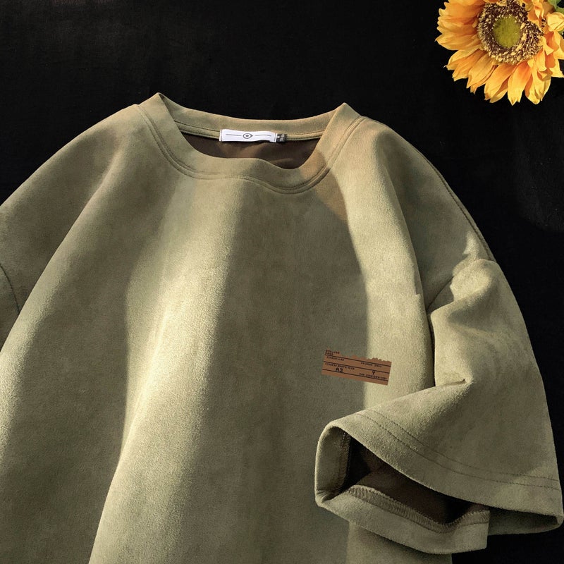 Brown suede heavy small neckline short sleeve T-shirt male summer beauty retro tide brand trend oversize Army Green - Image 1