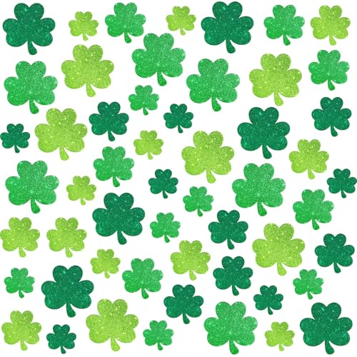 LIGHOON 48 PCS Glitter Shamrock Cutouts Decorations, 3 Types St Patricks Day Lucky Green Glitter Clover Paper Cut-Out for Saint Patrick's Day Party Decor Supplies (Include 100 Adhesive Dots) - Image 1