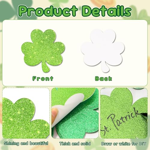 LIGHOON 48 PCS Glitter Shamrock Cutouts Decorations, 3 Types St Patricks Day Lucky Green Glitter Clover Paper Cut-Out for Saint Patrick's Day Party Decor Supplies (Include 100 Adhesive Dots) - Image 5