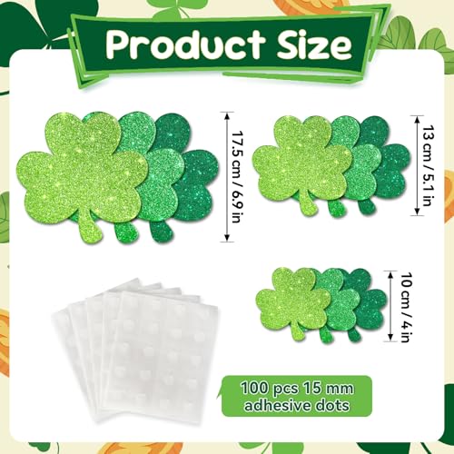 LIGHOON 48 PCS Glitter Shamrock Cutouts Decorations, 3 Types St Patricks Day Lucky Green Glitter Clover Paper Cut-Out for Saint Patrick's Day Party Decor Supplies (Include 100 Adhesive Dots) - Image 2