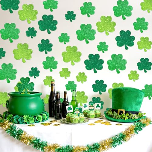 LIGHOON 48 PCS Glitter Shamrock Cutouts Decorations, 3 Types St Patricks Day Lucky Green Glitter Clover Paper Cut-Out for Saint Patrick's Day Party Decor Supplies (Include 100 Adhesive Dots) - Image 3