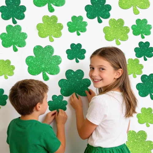 LIGHOON 48 PCS Glitter Shamrock Cutouts Decorations, 3 Types St Patricks Day Lucky Green Glitter Clover Paper Cut-Out for Saint Patrick's Day Party Decor Supplies (Include 100 Adhesive Dots) - Image 4