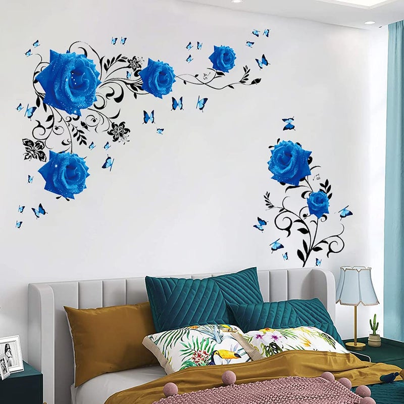 Supzone Blue Rose Wall Stickers Rose Flower Vine Wall Decal Blue Peony Floral Wall Decor DIY Vinyl Mural Art for Bedroom Living Room Sofa Backdrop - Image 3