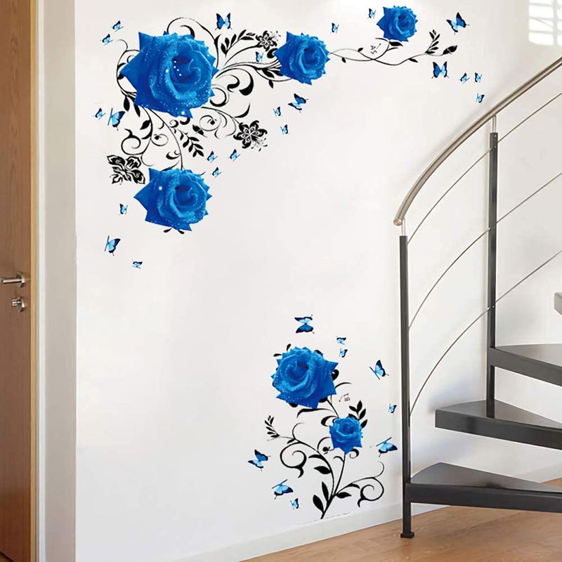 Supzone Blue Rose Wall Stickers Rose Flower Vine Wall Decal Blue Peony Floral Wall Decor DIY Vinyl Mural Art for Bedroom Living Room Sofa Backdrop - Image 5