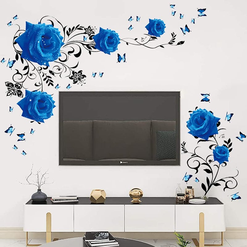 Supzone Blue Rose Wall Stickers Rose Flower Vine Wall Decal Blue Peony Floral Wall Decor DIY Vinyl Mural Art for Bedroom Living Room Sofa Backdrop - Image 1