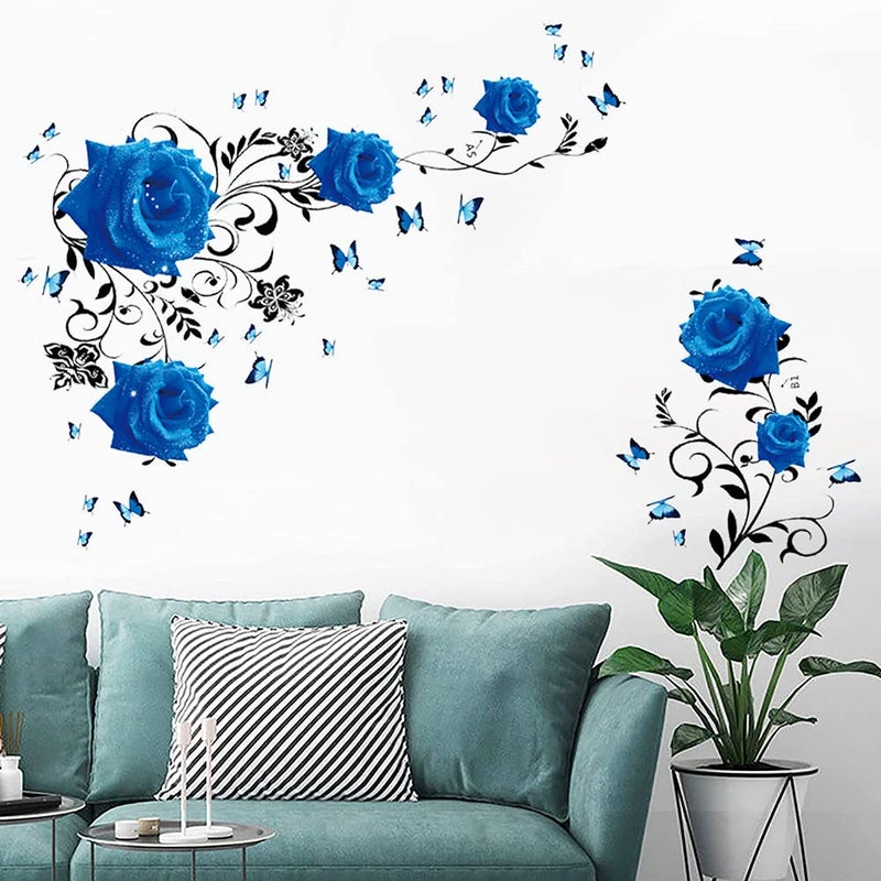 Supzone Blue Rose Wall Stickers Rose Flower Vine Wall Decal Blue Peony Floral Wall Decor DIY Vinyl Mural Art for Bedroom Living Room Sofa Backdrop - Image 2