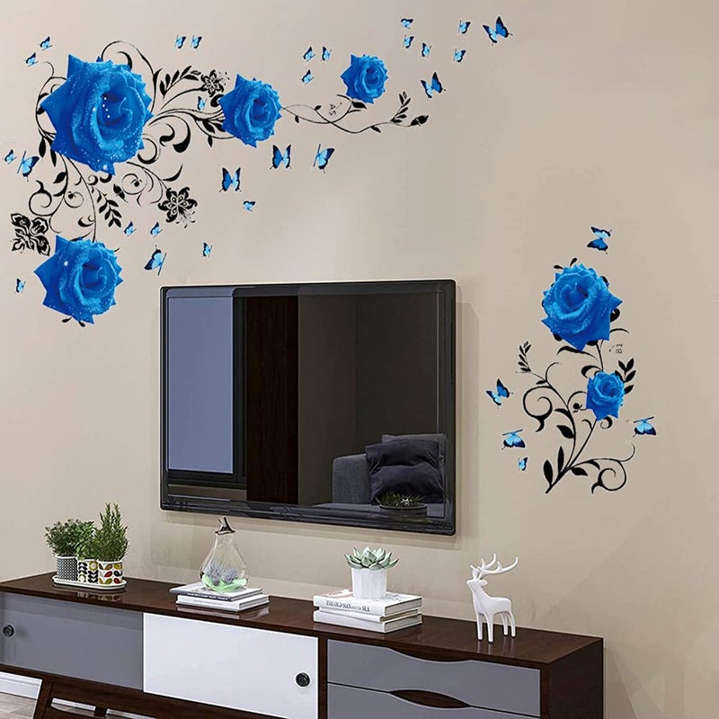 Supzone Blue Rose Wall Stickers Rose Flower Vine Wall Decal Blue Peony Floral Wall Decor DIY Vinyl Mural Art for Bedroom Living Room Sofa Backdrop - Image 4