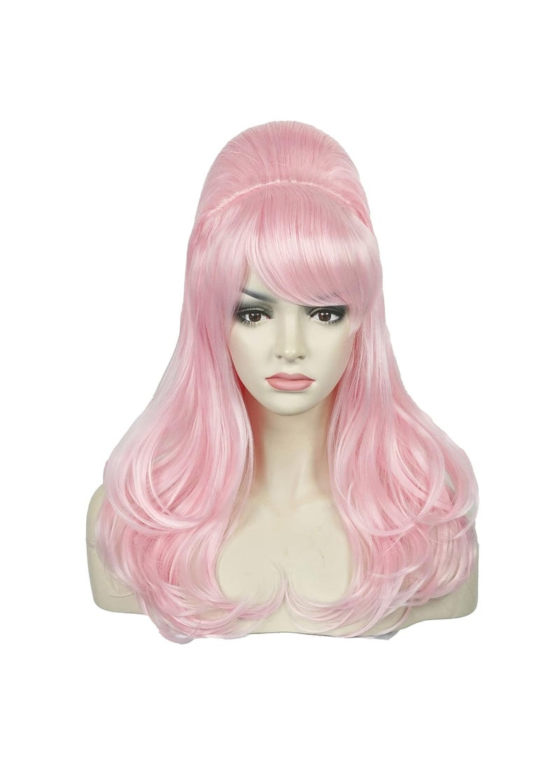 Probeauty Probeauty 70s Wigs for Women Long Wave Pink Bouffant Beehive Wig Big Curly Wavy Retro Hair for Women 60s 80s Costume 23 Inch 