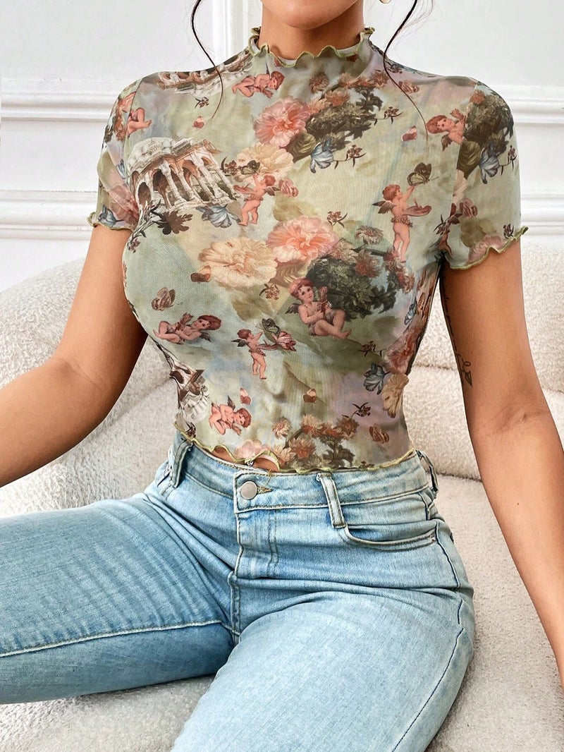 New Elegant Mesh Printed Ruffle Short-Sleeve T-Shirt Slimming Top Women's Clothing