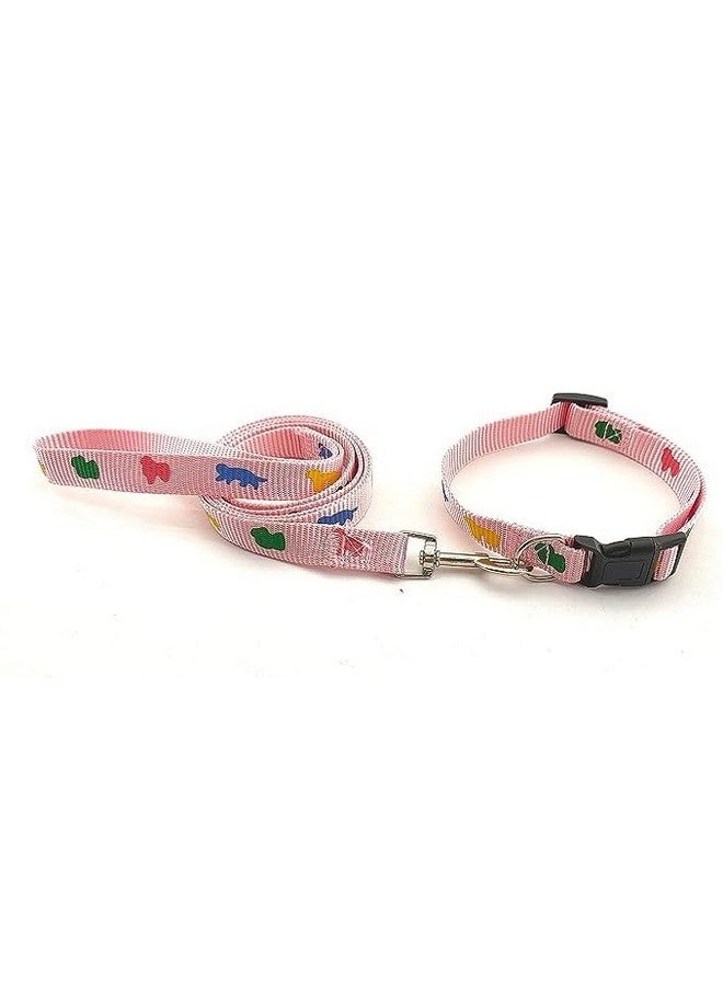 طوق ومقود من النايلون مطبوع عليه صورة كلب مقاس 15 مم مع مشبك سريع الفك ومجموعة طوق قابلة للتنفس مثالية لجميع سلالات الكلاب والكلاب والجراء (وردي) - Image 1