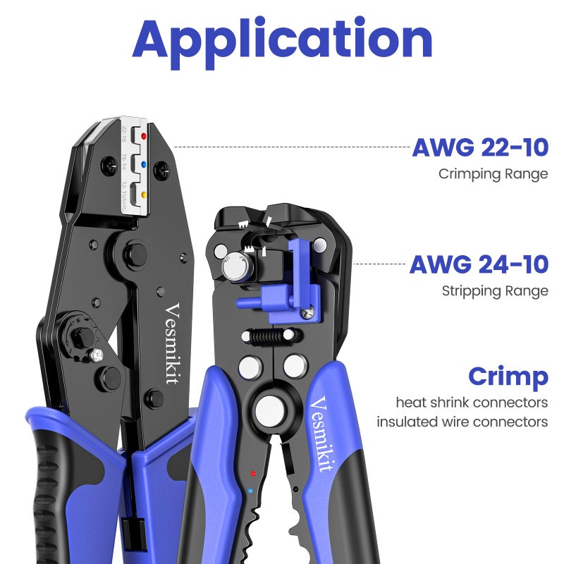 Vesmikit Wire Stripper and Crimping Tool,AWG 24-10 Automatic Stripper Tool with AWG 22-10 Ratchet Wire Crimper For Heat Shrink Connectors and Insulated Terminals, 3 in 1 Stripping/Cutting/Crimping - Image 2